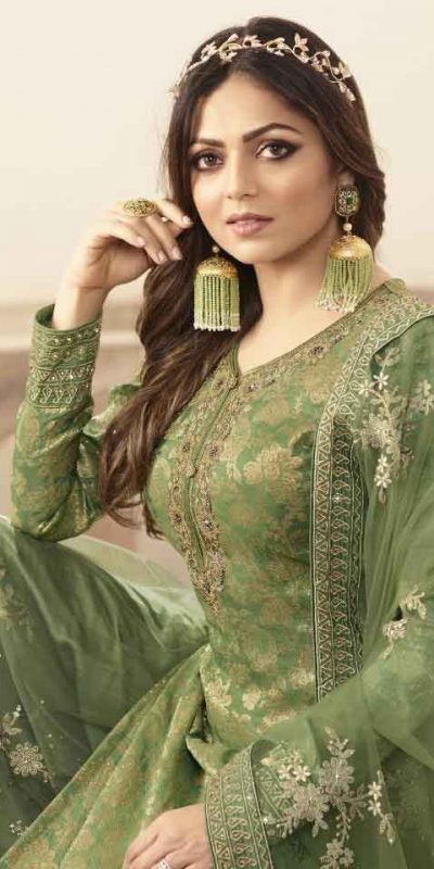 Grand look With Green Color Heavy Jacquard Silk Georgette Plazo Suit