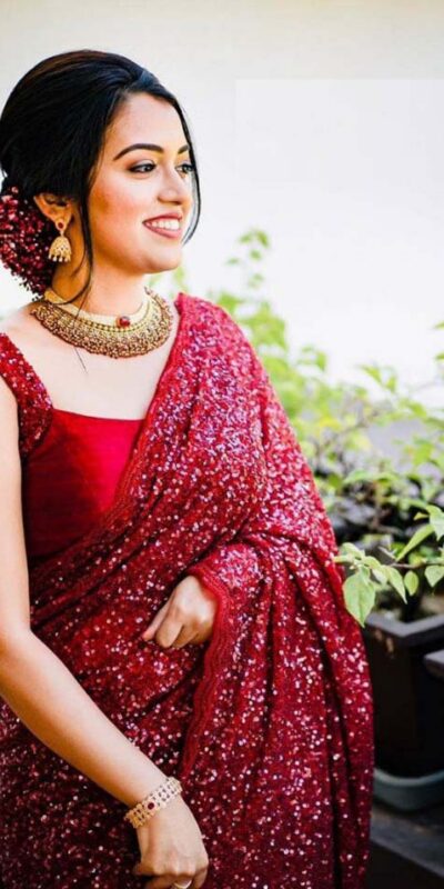 KF 1203 Red Saree Fabrics : Georgette Saree Work : Heavy Sequence Blouse Fabrics : Georgette With Silk Inner Work : Sequence Work Sleeves  | Bollywood Sarees, Designer Sarees, Embroidered Sarees, Party Wear Sarees, Sarees