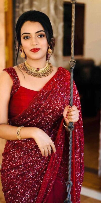 KF 1203 Red Saree Fabrics : Georgette Saree Work : Heavy Sequence Blouse Fabrics : Georgette With Silk Inner Work : Sequence Work Sleeves  | Bollywood Sarees, Designer Sarees, Embroidered Sarees, Party Wear Sarees, Sarees