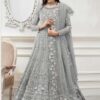 Pleasing Grey Color Butterfly Net With Multi Work Anarkali