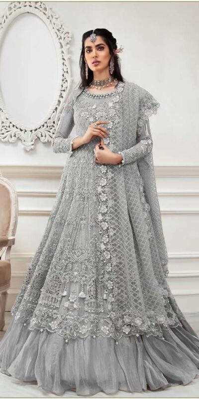 AGF Ramsha R 244 Grey Top :- Heavy Butterfly Net Work :- Embroidery With Multi Work Bottom :- Dull Santoon Wedding, Party, Festive @2249 | Anarkali Suits, Bollywood Anarkali, Creative-Anarkali, Designer Anarkali, Embroidered Anarkali, Party Wear Anarkali