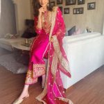 Beautiful Karishma Tanna Pink Taffeta Embroidery Salwar Suit