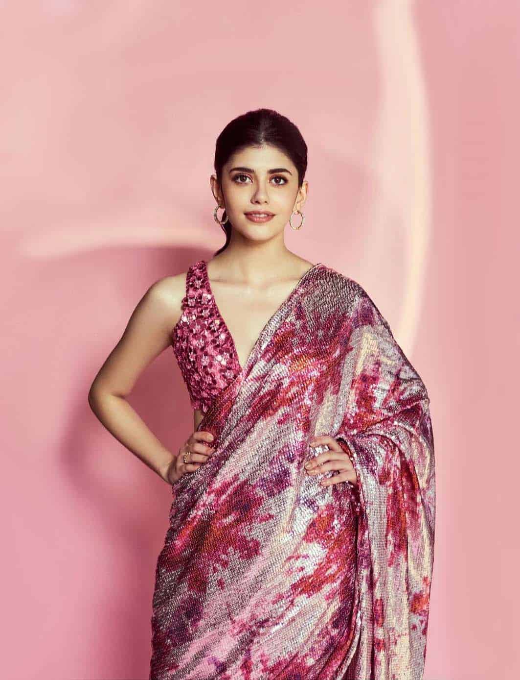 DF3173 Pink Saree : Light Weight Georgette Work : Heavy Digital Print Blouse: Georgette @1499 Sanjana Sanghi Pink Sequence Saree | Bollywood Sarees, Creative Sarees, Designer Sarees, Embroidered Sarees, Party Wear Sarees, Sarees