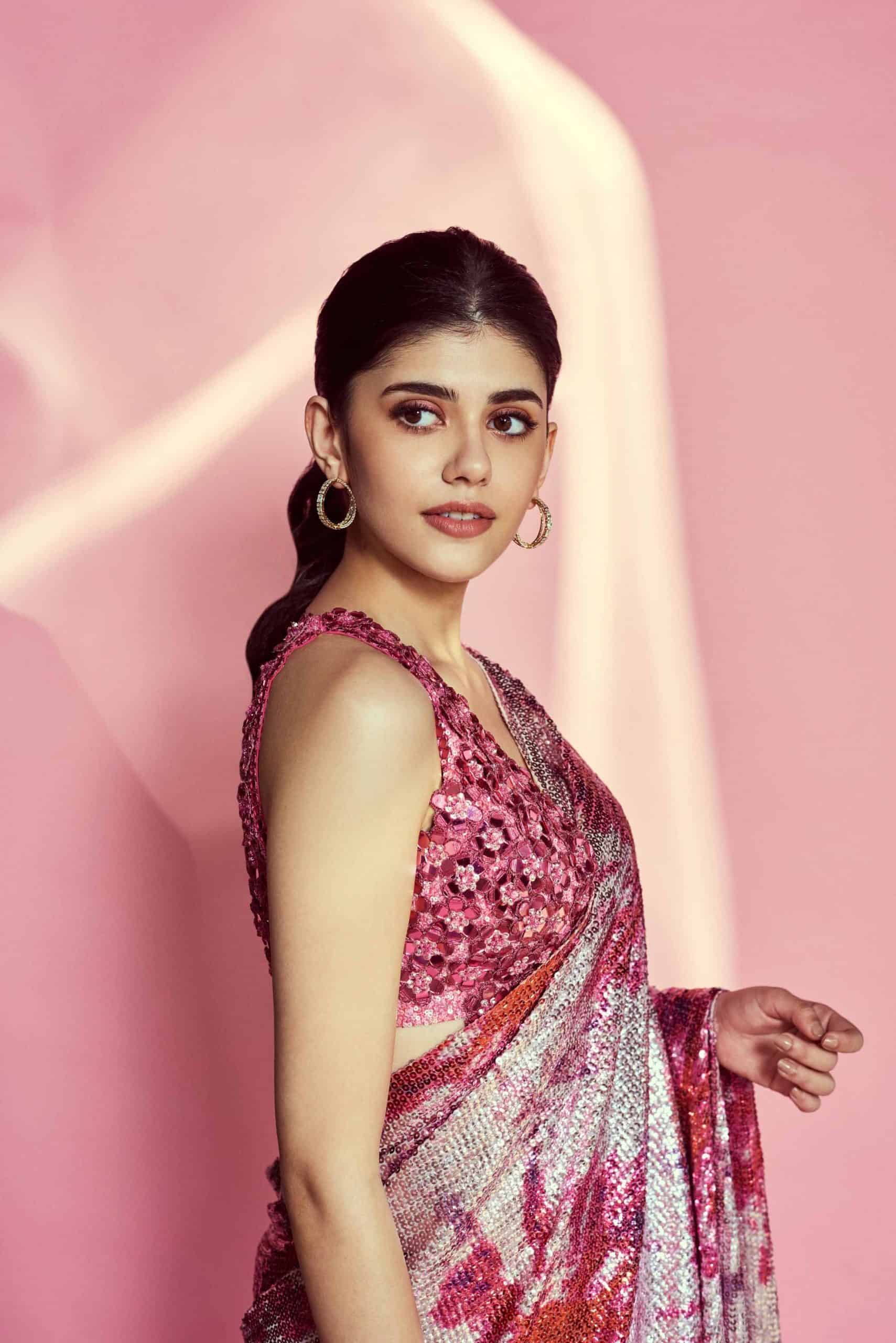 DF3173 Pink Saree : Light Weight Georgette Work : Heavy Digital Print Blouse: Georgette @1499 Sanjana Sanghi Pink Sequence Saree | Bollywood Sarees, Creative Sarees, Designer Sarees, Embroidered Sarees, Party Wear Sarees, Sarees