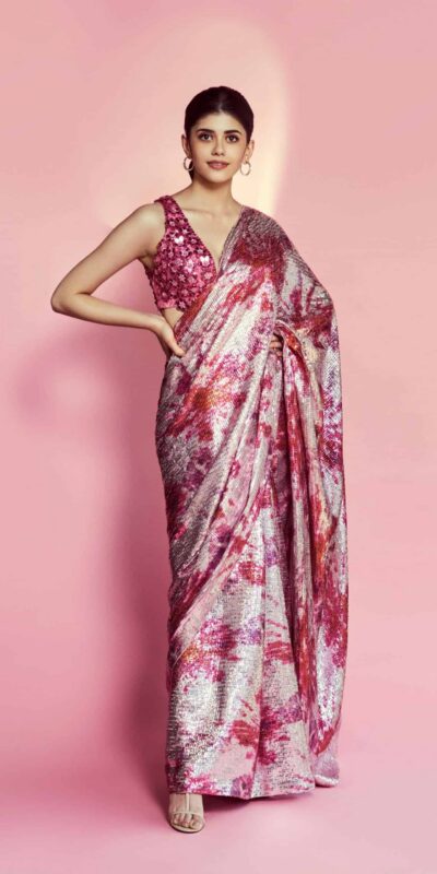 DF3173 Pink Saree : Light Weight Georgette Work : Heavy Digital Print Blouse: Georgette @1499 Sanjana Sanghi Pink Sequence Saree | Bollywood Sarees, Creative Sarees, Designer Sarees, Embroidered Sarees, Party Wear Sarees, Sarees