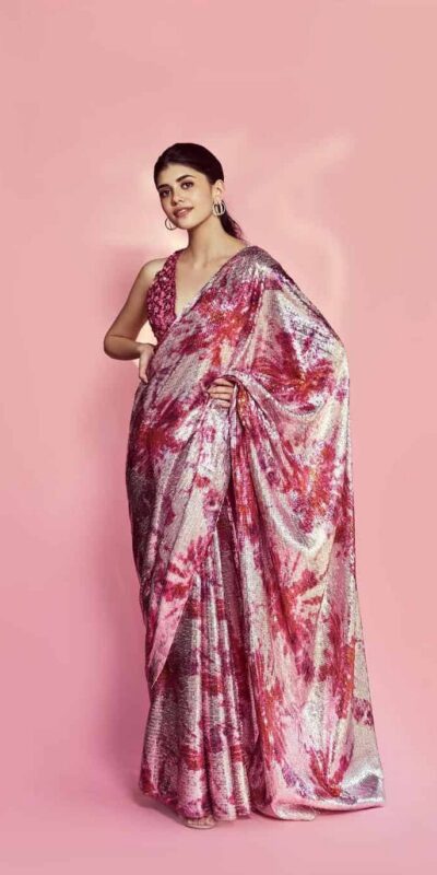 DF3173 Pink Saree : Light Weight Georgette Work : Heavy Digital Print Blouse: Georgette @1499 Sanjana Sanghi Pink Sequence Saree | Bollywood Sarees, Creative Sarees, Designer Sarees, Embroidered Sarees, Party Wear Sarees, Sarees