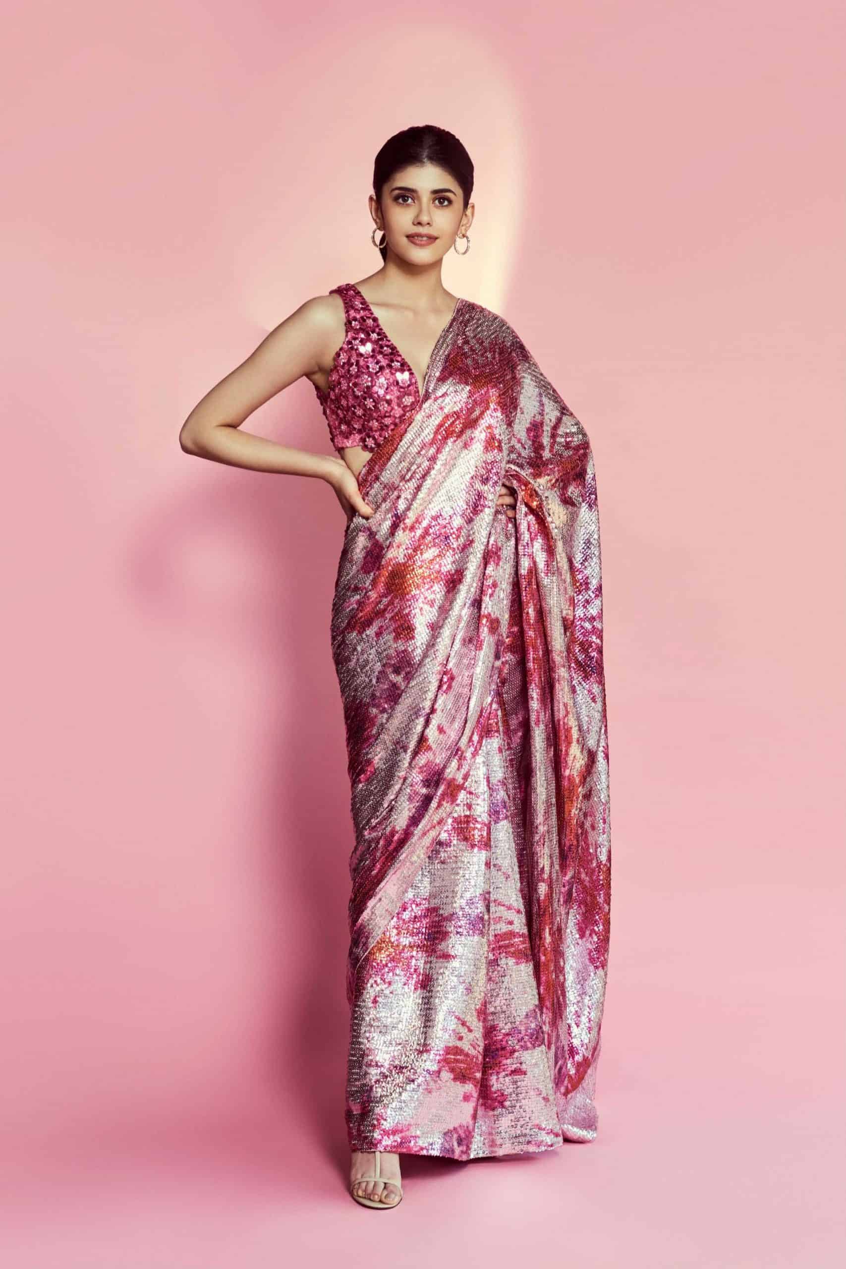 DF3173 Pink Saree : Light Weight Georgette Work : Heavy Digital Print Blouse: Georgette @1499 Sanjana Sanghi Pink Sequence Saree | Bollywood Sarees, Creative Sarees, Designer Sarees, Embroidered Sarees, Party Wear Sarees, Sarees