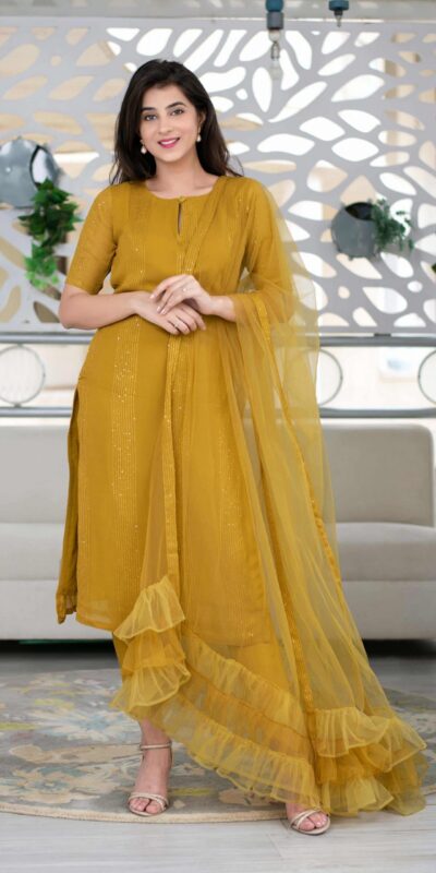RTCKD 1040 Yellow Top: Heavy Rayon Dupatta: Net Work: Fancy Thread Embroidery Sequence Work Party, Wedding, Festive @1649/- Only | Casual Suits, Creative suits, Designer Suits, Party Wear Suits, Salwar suit, Straight Suits