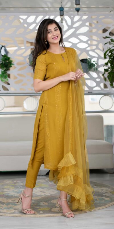 RTCKD 1040 Yellow Top: Heavy Rayon Dupatta: Net Work: Fancy Thread Embroidery Sequence Work Party, Wedding, Festive @1649/- Only | Casual Suits, Creative suits, Designer Suits, Party Wear Suits, Salwar suit, Straight Suits
