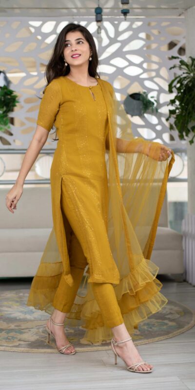 RTCKD 1040 Yellow Top: Heavy Rayon Dupatta: Net Work: Fancy Thread Embroidery Sequence Work Party, Wedding, Festive @1649/- Only | Casual Suits, Creative suits, Designer Suits, Party Wear Suits, Salwar suit, Straight Suits