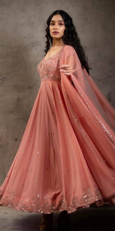 NSR 1266 Orange Bottom : Micro Cotton Work : Embroidery Sequences Work With Sleeves Wedding Party, Festive,@1669/- Only | Bollywood Gowns, Creative Gowns, Designer Gowns, Embroidered Gowns, Gowns, Party Wear Gowns, Straight Suits
