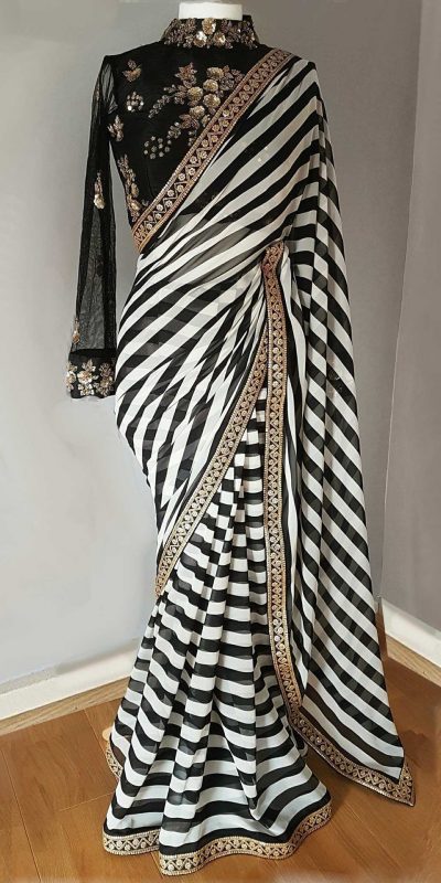 Grand Look Black & White Color Georgette With Digital Printed Saree