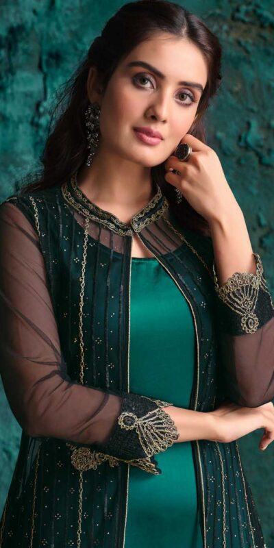 Vipul 4631 Green Top : Heavy Vaishnavi Net Bottom : Satin Dupatta : Vaishnavi Net Work : Heavy Embroidery Coding With Diamond Work @2599/- | Casual Suits, Creative suits, Designer Suits, Palazzo Suits, Party Wear Suits, Salwar suit, Straight Suits