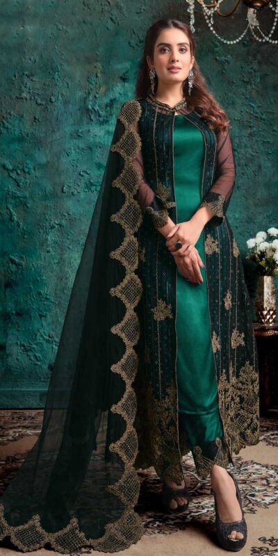 Vipul 4631 Green Top : Heavy Vaishnavi Net Bottom : Satin Dupatta : Vaishnavi Net Work : Heavy Embroidery Coding With Diamond Work @2599/- | Casual Suits, Creative suits, Designer Suits, Palazzo Suits, Party Wear Suits, Salwar suit, Straight Suits