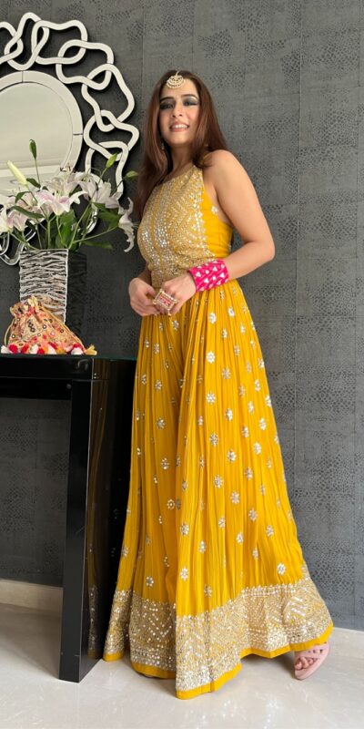 NSR 555 Yellow Jumpsuit : Heavy Faux Georgette Work : Heavy Embroidery With Sequin Work Flair : Each Leg 1.5 M Casual, Party @1699/- | Jump Suits, Casual Suits, Creative suits, Designer Suits, Palazzo Suits, Party Wear Suits, Salwar suit, Straight Suits