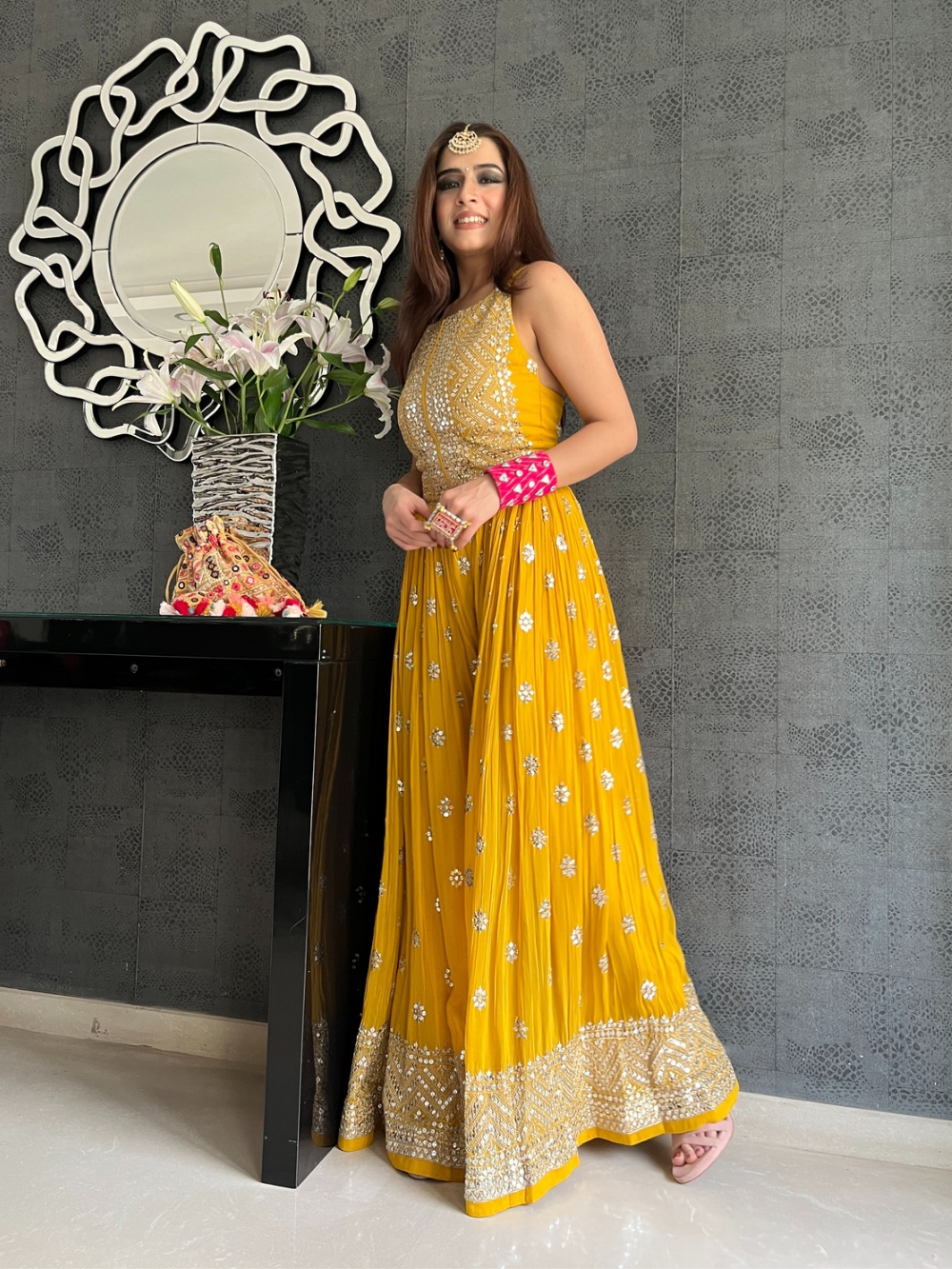 NSR 555 Yellow Jumpsuit : Heavy Faux Georgette Work : Heavy Embroidery With Sequin Work Flair : Each Leg 1.5 M Casual, Party @1699/- | Jump Suits, Casual Suits, Creative suits, Designer Suits, Palazzo Suits, Party Wear Suits, Salwar suit, Straight Suits