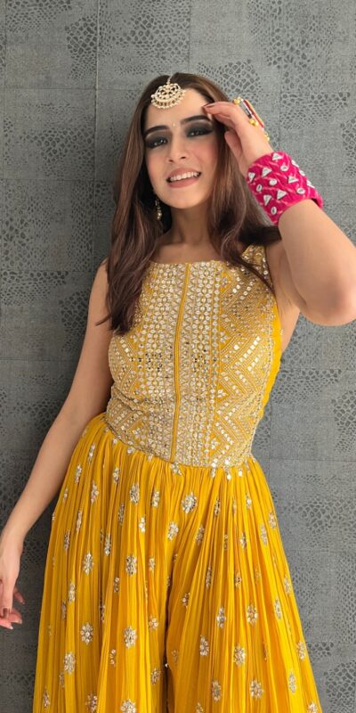 NSR 555 Yellow Jumpsuit : Heavy Faux Georgette Work : Heavy Embroidery With Sequin Work Flair : Each Leg 1.5 M Casual, Party @1699/- | Jump Suits, Casual Suits, Creative suits, Designer Suits, Palazzo Suits, Party Wear Suits, Salwar suit, Straight Suits