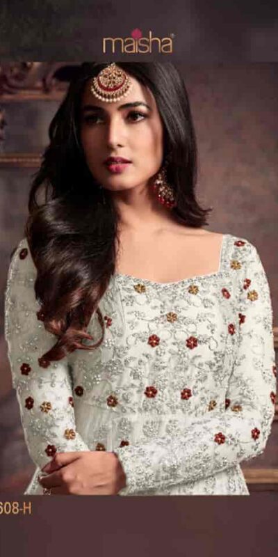 Maisha 5608 White Top : Heavy Net Work : Heavy Embroidery Coding With Diamond Work Bottom : Santoon Wedding, Party, Festive @3299/- | Anarkali Suits, Bollywood Anarkali, Creative-Anarkali, Designer Anarkali, Embroidered Anarkali, Party Wear Anarkali