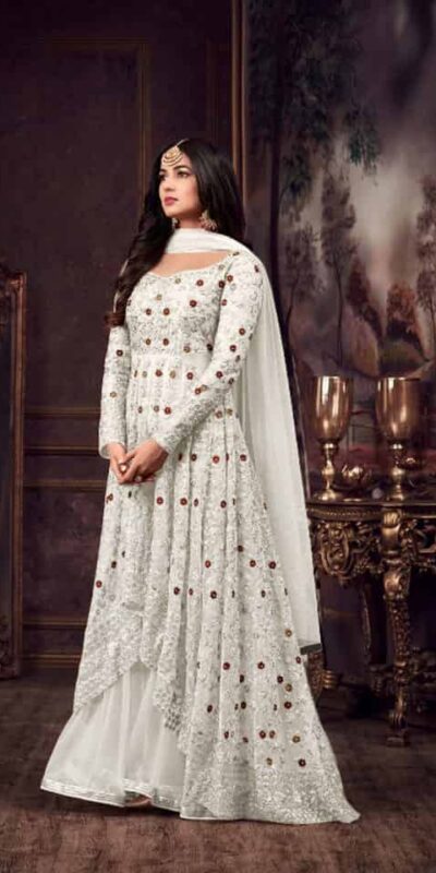 Maisha 5608 White Top : Heavy Net Work : Heavy Embroidery Coding With Diamond Work Bottom : Santoon Wedding, Party, Festive @3299/- | Anarkali Suits, Bollywood Anarkali, Creative-Anarkali, Designer Anarkali, Embroidered Anarkali, Party Wear Anarkali