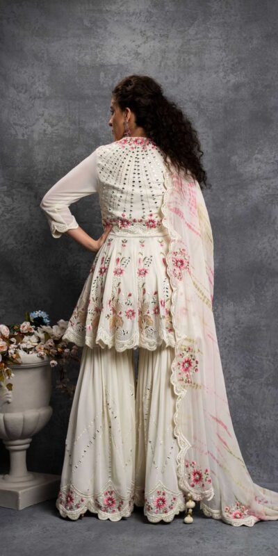 SR 1238 White Top : Heavy Fox Georgette Sharara : Fox Georgette Work : Heavy Embroidery With Real Mirror Work Wedding, Party @1849 Only | Casual Suits, Creative suits, Designer Suits, Palazzo Suits, Party Wear Suits, Salwar suit, Straight Suits
