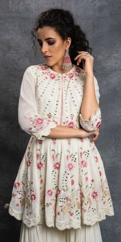 SR 1238 White Top : Heavy Fox Georgette Sharara : Fox Georgette Work : Heavy Embroidery With Real Mirror Work Wedding, Party @1849 Only | Casual Suits, Creative suits, Designer Suits, Palazzo Suits, Party Wear Suits, Salwar suit, Straight Suits