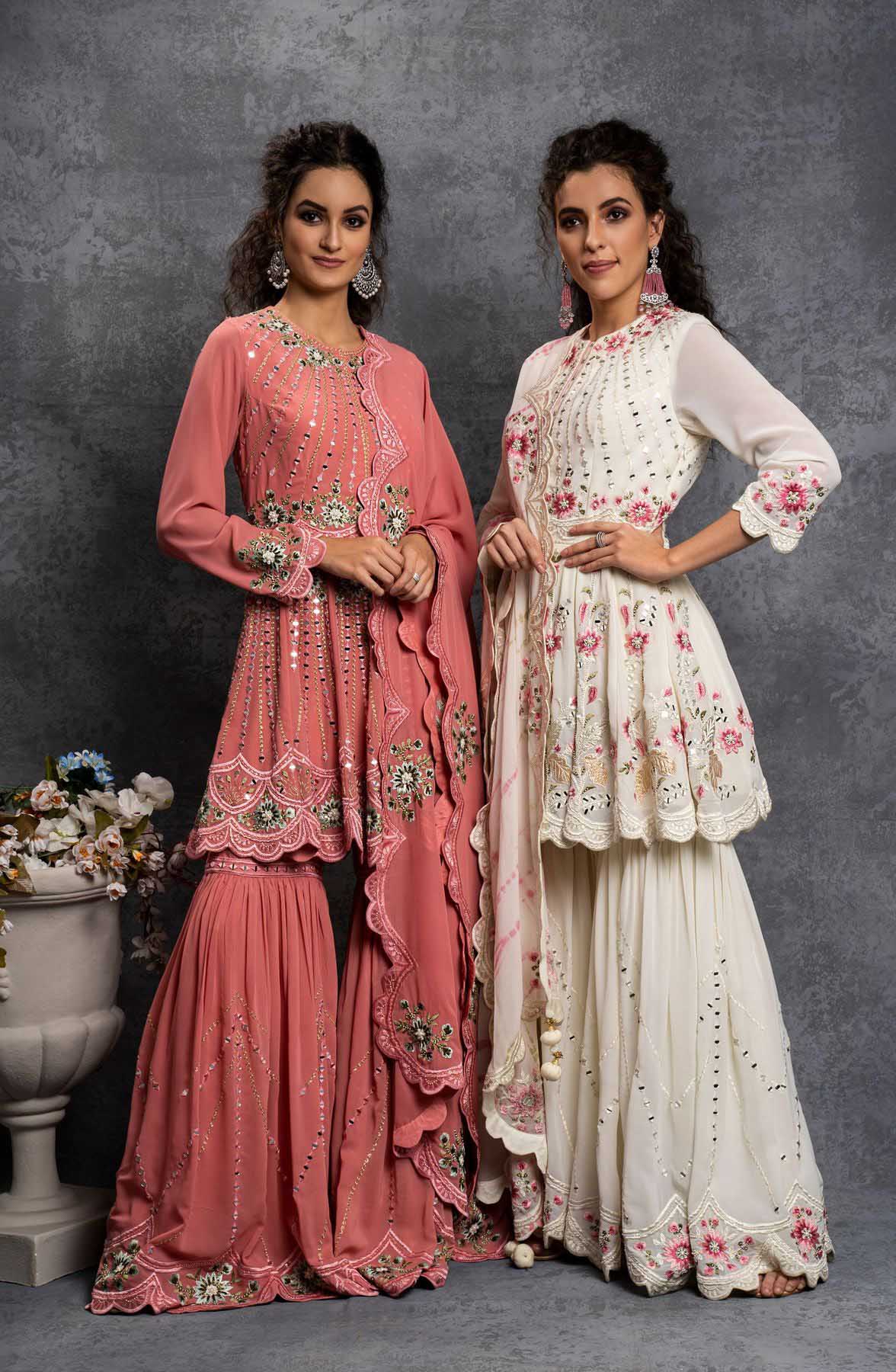 SR 1238 White Top : Heavy Fox Georgette Sharara : Fox Georgette Work : Heavy Embroidery With Real Mirror Work Wedding, Party @1849 Only | Casual Suits, Creative suits, Designer Suits, Palazzo Suits, Party Wear Suits, Salwar suit, Straight Suits