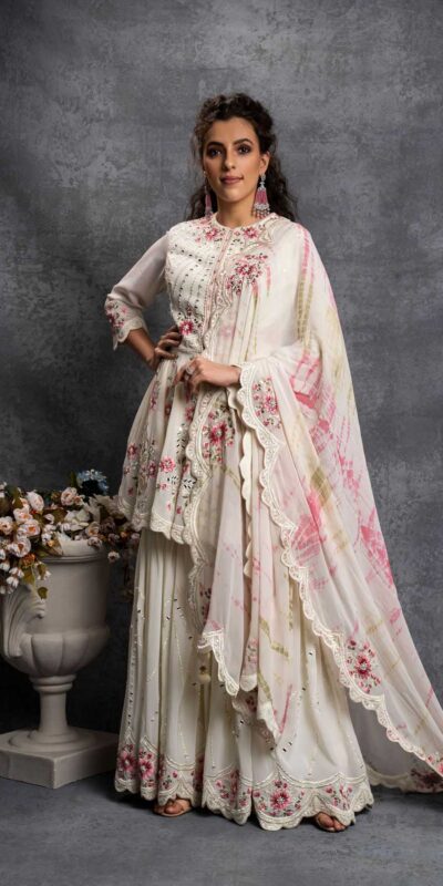 SR 1238 White Top : Heavy Fox Georgette Sharara : Fox Georgette Work : Heavy Embroidery With Real Mirror Work Wedding, Party @1849 Only | Casual Suits, Creative suits, Designer Suits, Palazzo Suits, Party Wear Suits, Salwar suit, Straight Suits