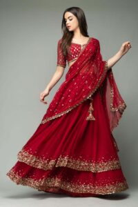KF 1330 Red Lehenga : Georgette Blouse : Georgette Work : Sequence Embroidery Work With 2 Layer Ruffle Wedding, Party, Festive @2049/- Only | Creative Lehenga, Bollywood Lehenga, Designer Lehenga, Embroidered Lehenga, Lehenga, Party Wear Lehenga