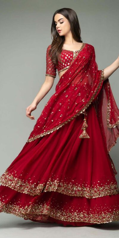 KF 1330 Red Lehenga : Georgette Blouse : Georgette Work : Sequence Embroidery Work With 2 Layer Ruffle Wedding, Party, Festive @2049/- Only | Creative Lehenga, Bollywood Lehenga, Designer Lehenga, Embroidered Lehenga, Lehenga, Party Wear Lehenga