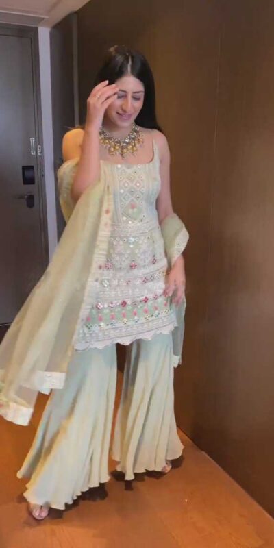 KD 1045 Light Green Top : Georgette Sharara : Georgette Work :Embroidery Thread Work Wedding, Party, Festive,@1799/- Only | Casual Suits, Creative suits, Designer Suits, Palazzo Suits, Party Wear Suits, Salwar suit, Straight Suits