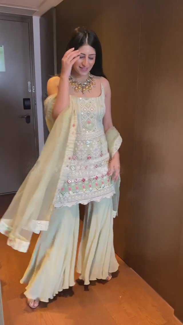 KD 1045 Light Green Top : Georgette Sharara : Georgette Work :Embroidery Thread Work Wedding, Party, Festive,@1799/- Only | Casual Suits, Creative suits, Designer Suits, Palazzo Suits, Party Wear Suits, Salwar suit, Straight Suits