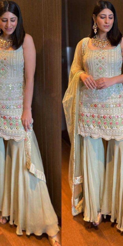 KD 1045 Light Green Top : Georgette Sharara : Georgette Work :Embroidery Thread Work Wedding, Party, Festive,@1799/- Only | Casual Suits, Creative suits, Designer Suits, Palazzo Suits, Party Wear Suits, Salwar suit, Straight Suits