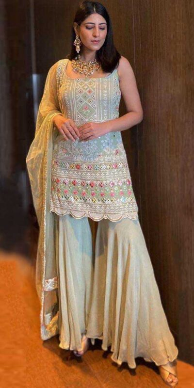 KD 1045 Light Green Top : Georgette Sharara : Georgette Work :Embroidery Thread Work Wedding, Party, Festive,@1799/- Only | Casual Suits, Creative suits, Designer Suits, Palazzo Suits, Party Wear Suits, Salwar suit, Straight Suits