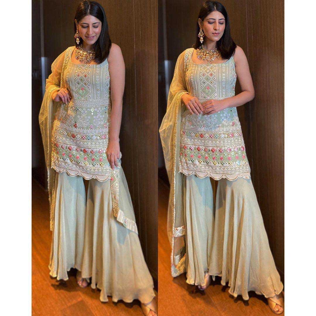 KD 1045 Light Green Top : Georgette Sharara : Georgette Work :Embroidery Thread Work Wedding, Party, Festive,@1799/- Only | Casual Suits, Creative suits, Designer Suits, Palazzo Suits, Party Wear Suits, Salwar suit, Straight Suits