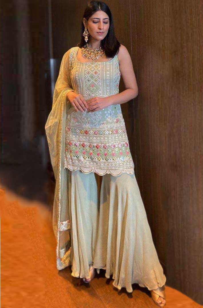 KD 1045 Light Green Top : Georgette Sharara : Georgette Work :Embroidery Thread Work Wedding, Party, Festive,@1799/- Only | Casual Suits, Creative suits, Designer Suits, Palazzo Suits, Party Wear Suits, Salwar suit, Straight Suits