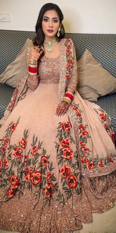 NSR 1251 Orange Gown : Georgette Bottom : Micro Cotton Work : Embroidery Sequences Work With Diamond Wedding, Party, Festive,@1699/- Only | Bollywood Gowns, Creative Gowns, Designer Gowns, Embroidered Gowns, Gowns, Party Wear Gowns, Party Wear Suits