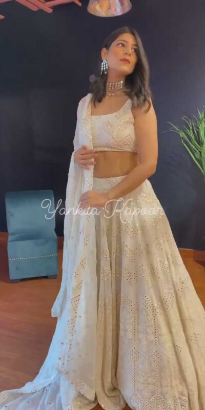 RTC 6221 White Lehenga : Georgette Work : Heavy Embroidery With Sequence Work Blouse : Georgette Party, Festive, Events Etc.@1999/- Only | Bollywood Lehenga, Creative Lehenga, Designer Lehenga, Embroidered Lehenga, Lehenga, Party Wear Lehenga