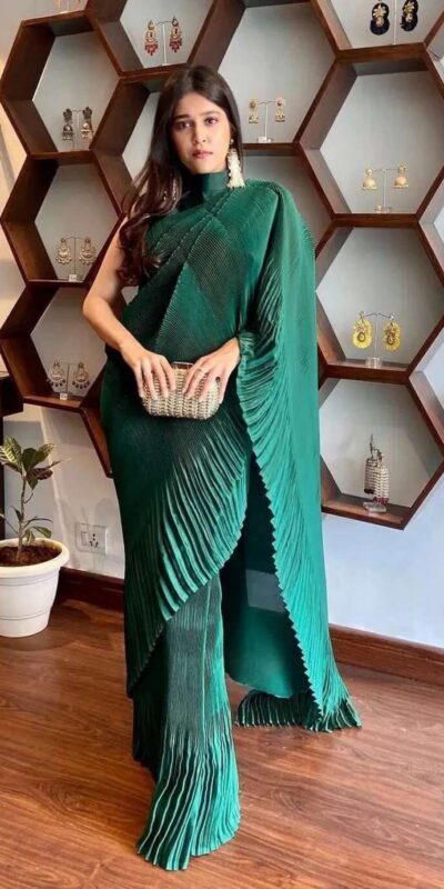 SN 706 Green Saree : Japan Satin Silk Work : Fancy Pleating Work Casual, Party Wear, Wedding Awesome Look In Green Saree @1399/- | Bollywood Sarees, Creative Sarees, Designer Sarees, Embroidered Sarees, Ethnic Saree, Modern Digital sarees, Party Wear Sarees, Sarees