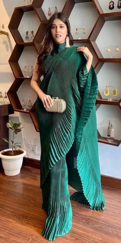SN 706 Green Saree : Japan Satin Silk Work : Fancy Pleating Work Casual, Party Wear, Wedding Awesome Look In Green Saree @1399/- | Bollywood Sarees, Creative Sarees, Designer Sarees, Embroidered Sarees, Ethnic Saree, Modern Digital sarees, Party Wear Sarees, Sarees