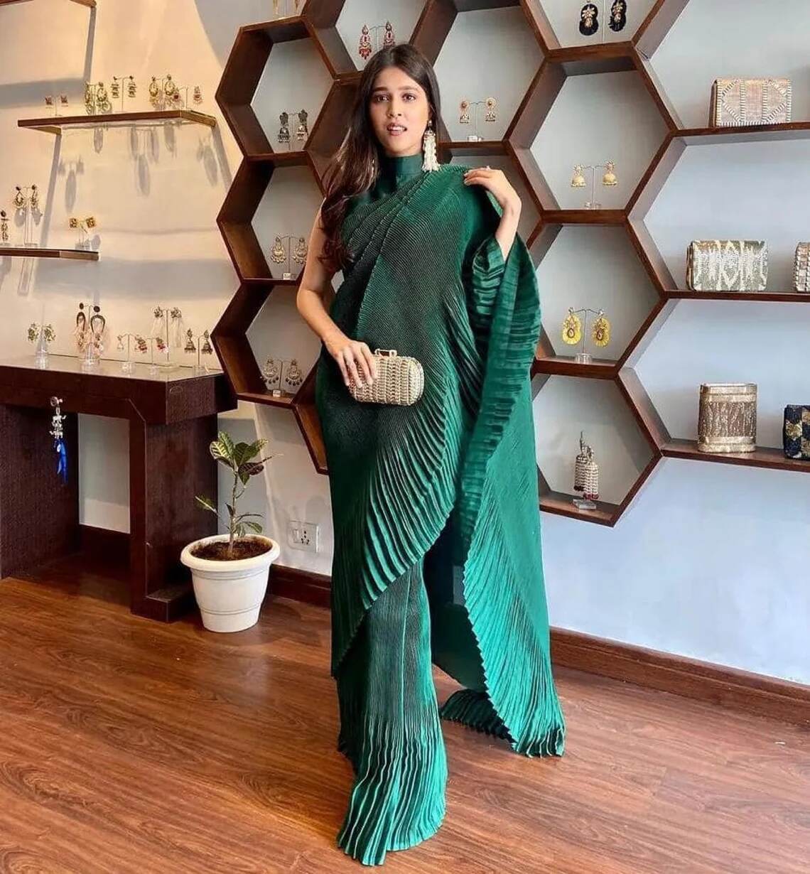 SN 706 Green Saree : Japan Satin Silk Work : Fancy Pleating Work Casual, Party Wear, Wedding Awesome Look In Green Saree @1399/- | Bollywood Sarees, Creative Sarees, Designer Sarees, Embroidered Sarees, Ethnic Saree, Modern Digital sarees, Party Wear Sarees, Sarees