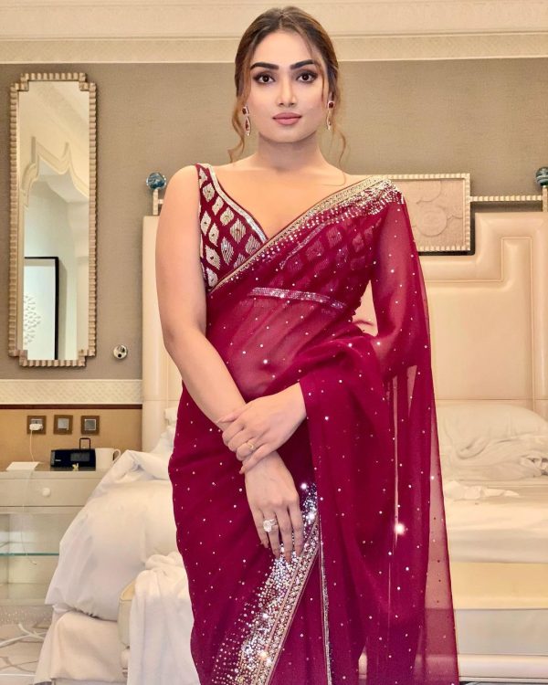 Attractive Maroon Color Georgette With Embroidery Work Saree