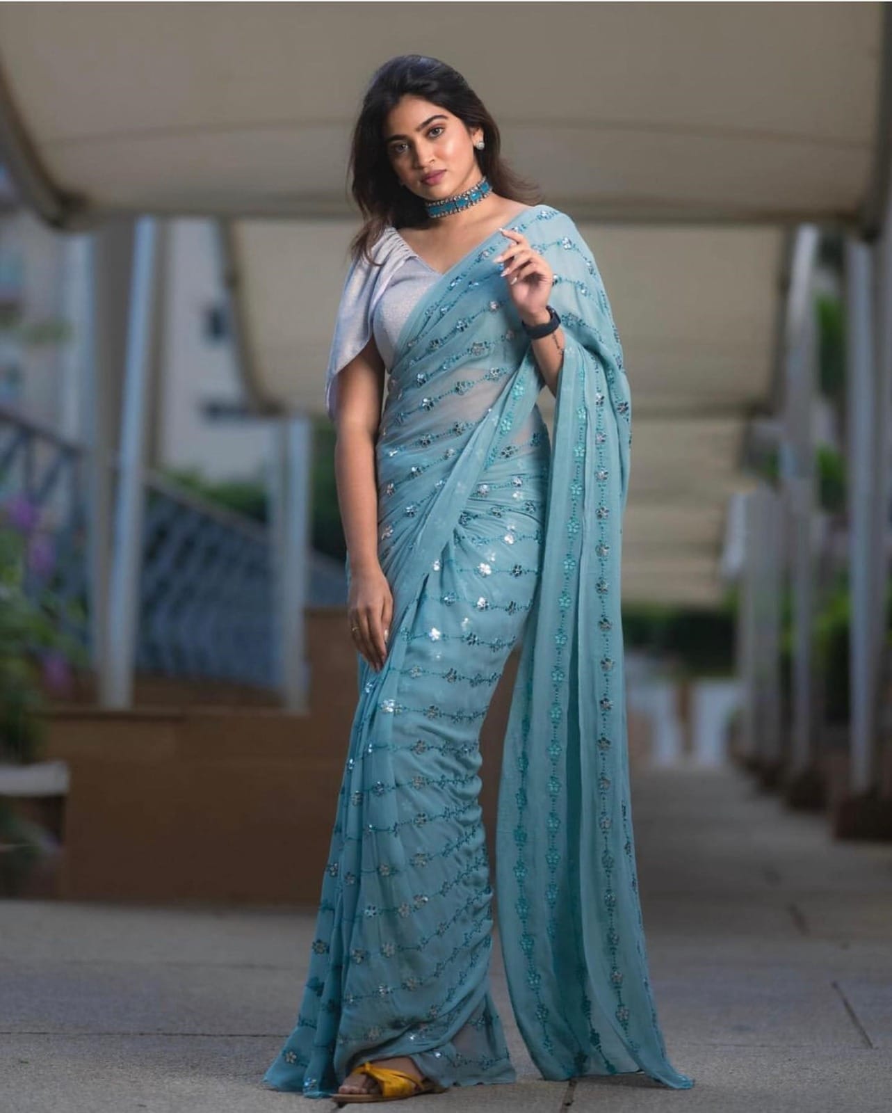 Priya Fashion Printed Designer Light Green::Light Blue Saree