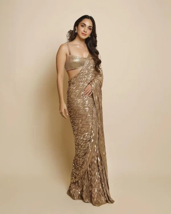 Artful Peach Color Georgette lace border Sequence Fancy Saree