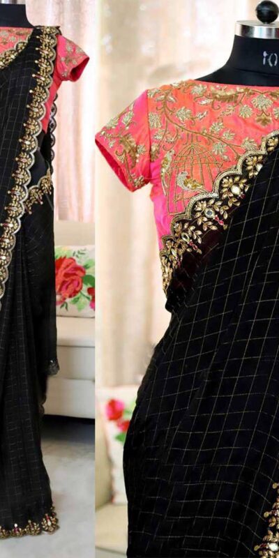JR BLACK CHEXColor:  BlackFabrics: Chanderi Cotton Chex Blouse Fabrics: Sana Silk With beautiful Figure Work Work: Fancy Embroidery Work With Pearl Work | Bollywood Sarees, Boutique Collection, Designer Sarees, Embroidered Sarees, Party Wear Sarees, Saree Materials, Sarees