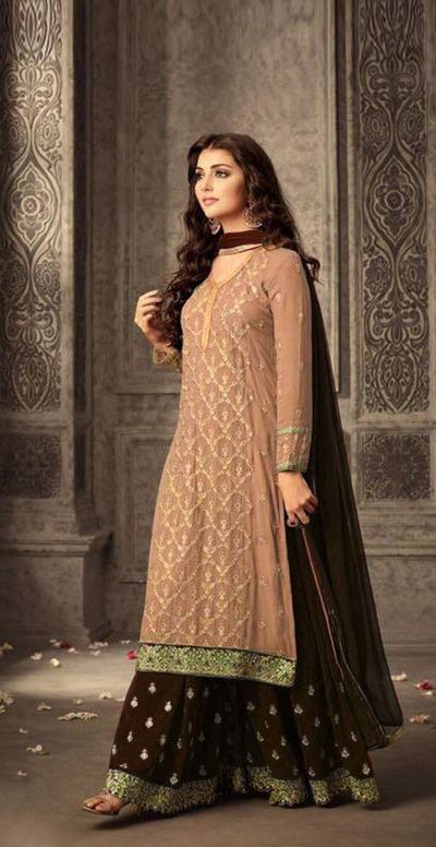 Peach-Brown Faux Georgette Embroidery & Stone Work Sharara Suit