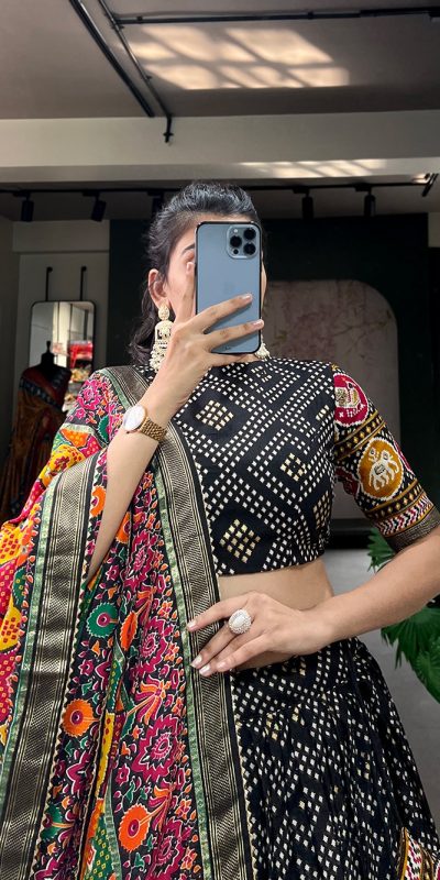 LNB1687 Black Color Lehenga : Tussar Silk Blouse : Patola Print Work : Foil Work Traditional Wear, Festive, Wedding, Events @2799/- | Bollywood Lehenga, Creative Lehenga, Designer Lehenga, Embroidered Lehenga, Lehenga, Party Wear Lehenga