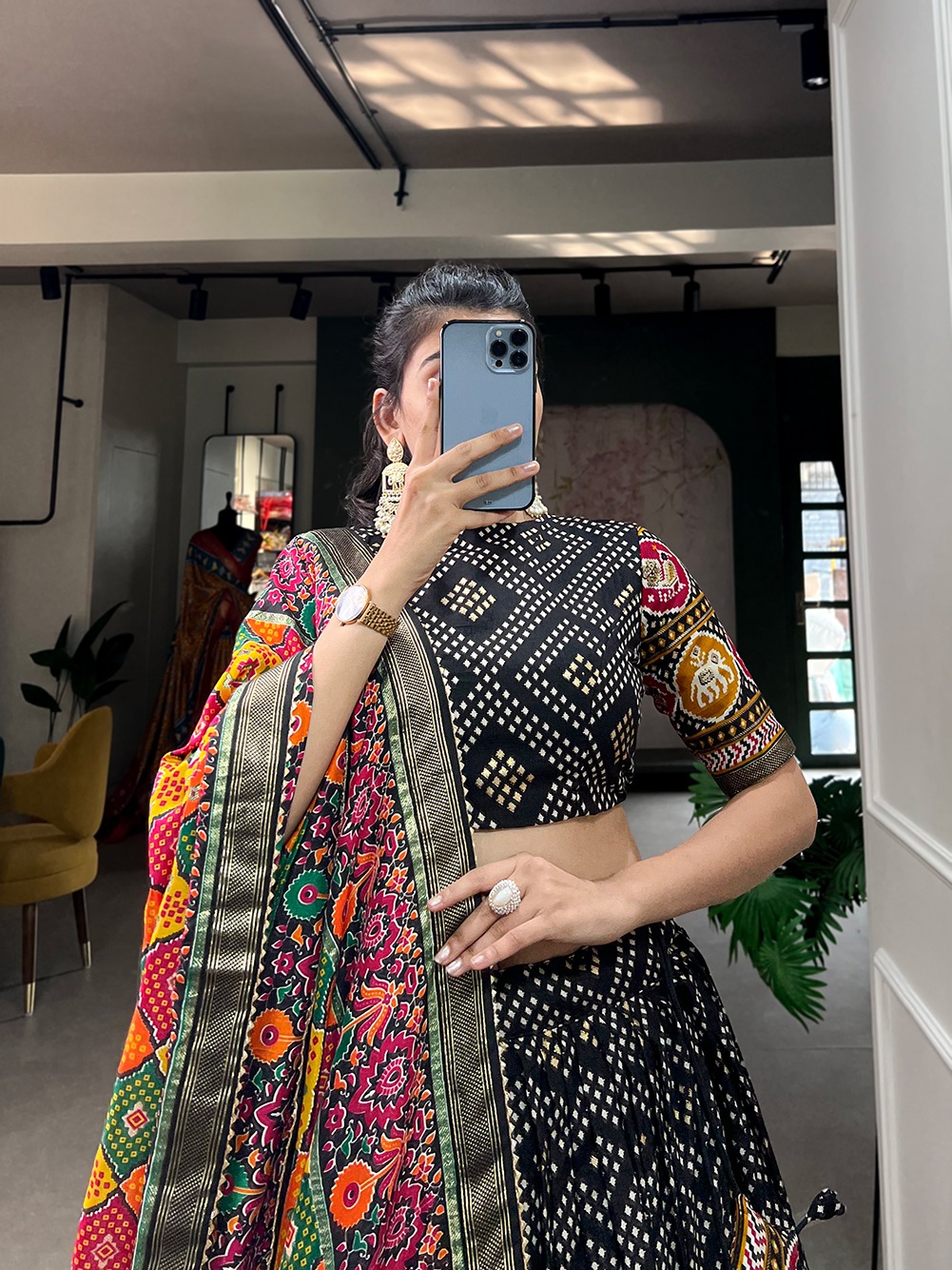 LNB1687 Black Color Lehenga : Tussar Silk Blouse : Patola Print Work : Foil Work Traditional Wear, Festive, Wedding, Events @2799/- | Bollywood Lehenga, Creative Lehenga, Designer Lehenga, Embroidered Lehenga, Lehenga, Party Wear Lehenga