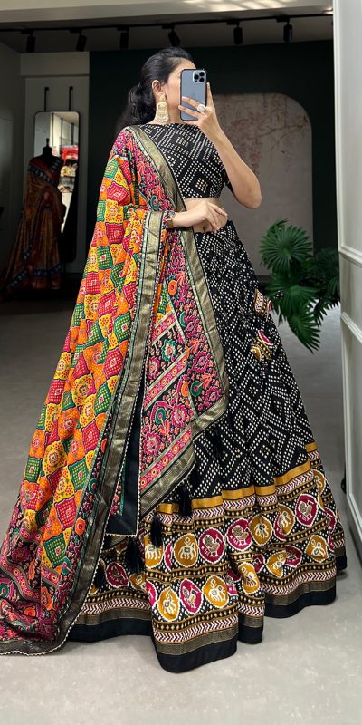 LNB1687 Black Color Lehenga : Tussar Silk Blouse : Patola Print Work : Foil Work Traditional Wear, Festive, Wedding, Events @2799/- | Bollywood Lehenga, Creative Lehenga, Designer Lehenga, Embroidered Lehenga, Lehenga, Party Wear Lehenga