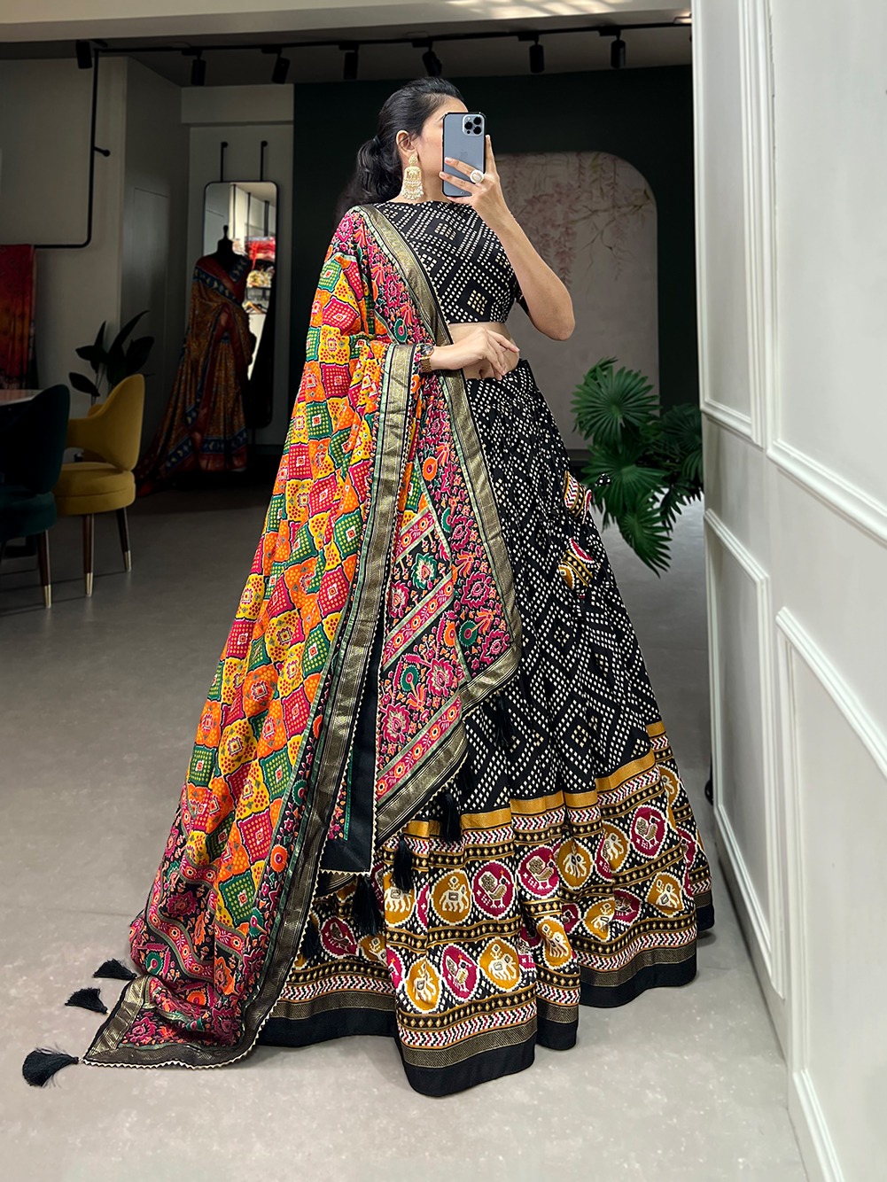 LNB1687 Black Color Lehenga : Tussar Silk Blouse : Patola Print Work : Foil Work Traditional Wear, Festive, Wedding, Events @2799/- | Bollywood Lehenga, Creative Lehenga, Designer Lehenga, Embroidered Lehenga, Lehenga, Party Wear Lehenga