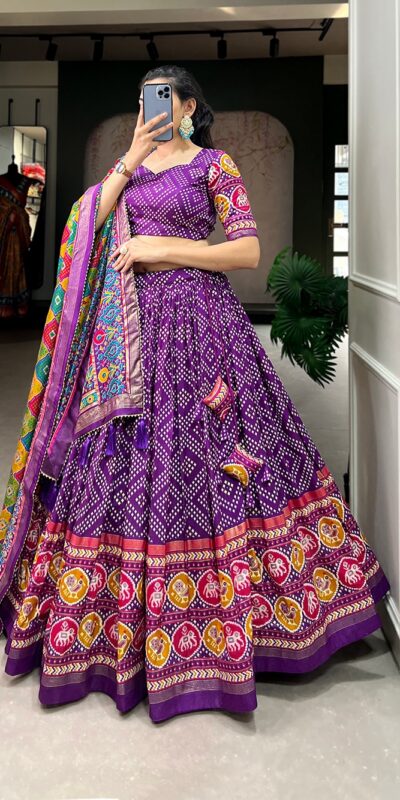 LNB1687 Purple Color Lehenga : Tussar Silk Blouse : Patola Print Work : Foil Work Traditional Wear, Festive, Wedding, Events @2799/- | Bollywood Lehenga, Creative Lehenga, Designer Lehenga, Embroidered Lehenga, Lehenga, Party Wear Lehenga